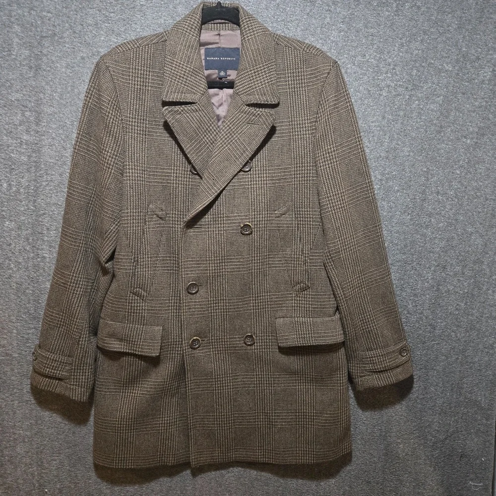 Banana Republc Overcoat Double Breasted Sz M Brown Glen Plaid Houndstooth Wool